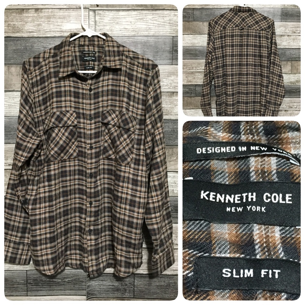 Kenneth Cole New York Slim Flannel Shirt Men’s M Brown Black Plaid Rayon Soft